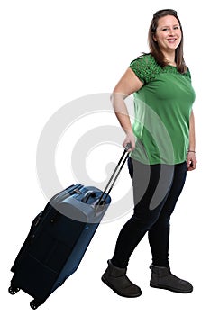 Young woman pulling bag luggage travel traveling vacation holidays smiling isolated