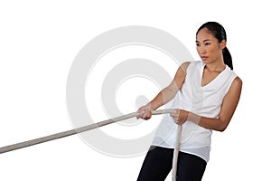 Young woman pulling rope