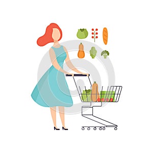 Young woman pushing supermarket shopping cart full of healthy food, girl buying vegetables at the grocery shop vector