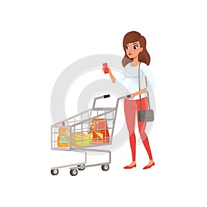 Young woman pushing supermarket shopping cart with groceries, people activity, daily routine vector Illustration on a