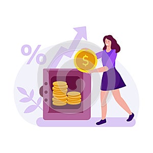 A young woman puts money into a deposit account. Safe with coins, interest income growth. Flat style. Isolated on a white