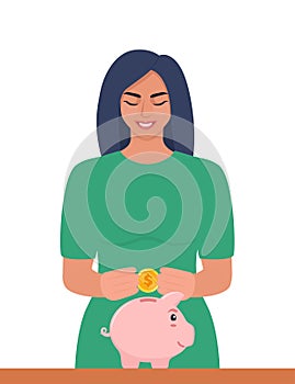 Young woman putting a gold coin into a piggy bank. Money saving, economy concept. Profit, income, earnings, budget, fund. Vecor