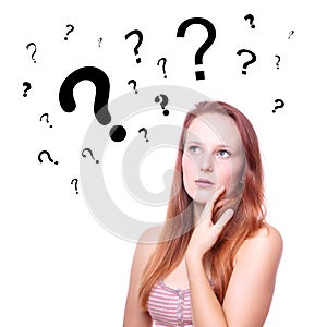 Young woman with question marks