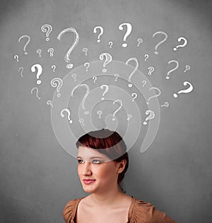 Young woman with question marks above her head