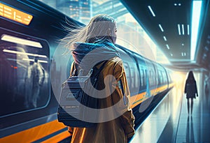 Young woman in a raincoat on the platform of a subway station generative ai