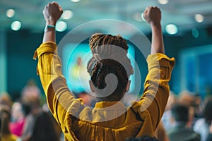 Young woman raising hand in enthusiasm at a conference