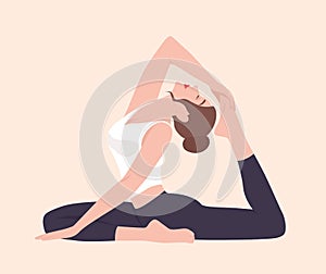 Young woman in Raja Kapotasana posture or King Pigeon Pose. Female cartoon character practicing yoga. Yogi girl