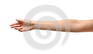 Young woman reaching hand for shake, closeup