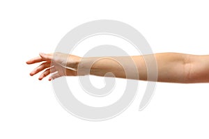 Young woman reaching hand for shake on white background