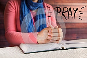 Young woman read Bible and pray, religion and christianity concept