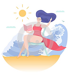 Young woman reading a book at the beach. Colorful vector illustration in flat cartoon style.