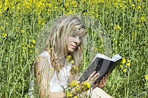 Young woman reading a book on the meadow