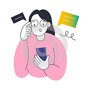 Young woman reading shocking bad news on her smartphone with anxious face expression, touching her eye glasses, vector