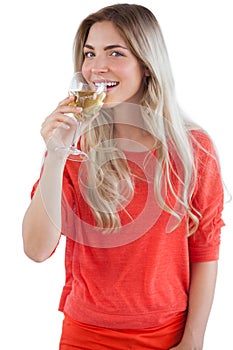 Young woman ready to drink white wine