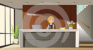 Young woman, reception desk. Interior design office