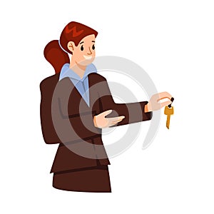 Young Woman Receptionist Serving Client Giving Key Vector Illustration