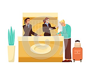 Young Woman Receptionist Serving Man Client Giving Him Key Vector Illustration