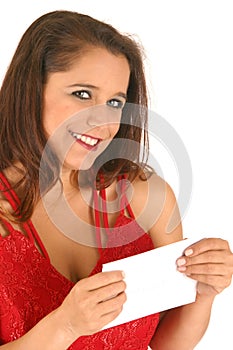 Young Woman In Red Dress Holding Envelope