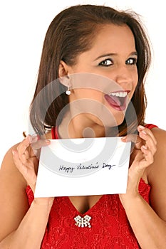 Young Woman In Red Dress Holding Envelope
