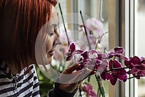 Young woman with red hair and closed eyes is enjoying the smell of orchids growing on the windowsill in her house.