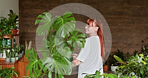 Young woman with red hair florist, plant lover, hide her face with plant in pot in greenery floral store boutique