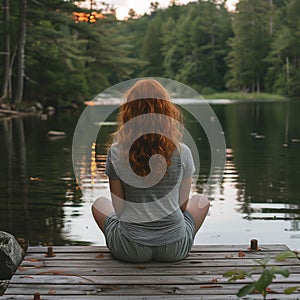 Young woman red hair ginger meditating sitting calm lake sunset forest