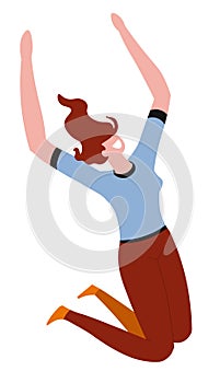 Young woman with red hair jumping with joy and excitement