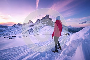 Young woman in red jacket in snowy mountains at sunset in winter