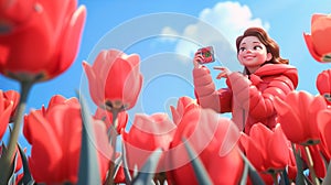 Young woman in red jacket taking a picture of tulips. Canadian Tulip Festival or Netherlands event