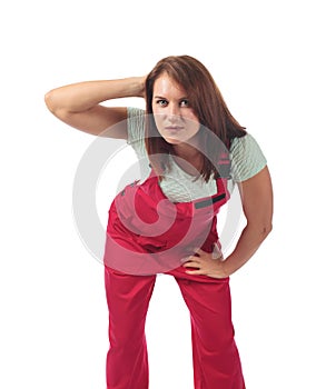 Young woman in red jumpsuit , isolated on white .