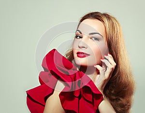 Young woman in red riffle dress