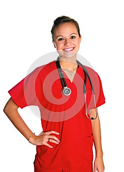 Young Woman in Red Scrubs