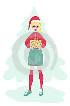 Young woman in a red sweater and a plaid skirt in a santa claus hat with a New Year\'s gift