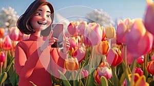 Young woman in red sweater taking a picture of tulips. Canadian Tulip Festival or Netherlands event. 3d