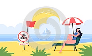 Young Woman Relax on Chaise Lounge on Sandy Beach with Red Warning Flag and No Swimming Prohibition Sign