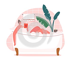 Young Woman Relaxing in Bathtub with Book in Hands. Happy Female Character Hygiene and Beauty Procedure. Girl Washing