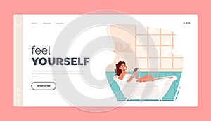 Young Woman Relaxing in Bathtub Landing Page Template. Happy Female Character Hygiene and Beauty Procedure