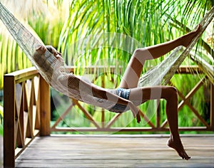 Young woman relaxing in hammock in a tropical resort