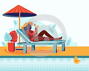 A young woman is relaxing in a sun lounger by the pool. Woman drinks cocktail. Summer vacation, pool party concept. Vector
