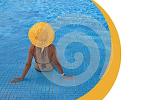 Young woman relaxing in swimming pool at spa resort travel, relaxing concept summer sea. Banner with place for text