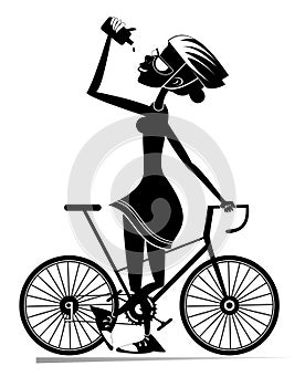 Young woman rides a bike. Cycling woman drinks water