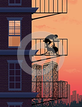 A young woman rides an exercise bicycle on the patio or fire escape outside her upstair apartment