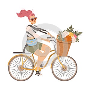 Young Woman Riding Bicycle with Flower Bouquet in Wicker Basket Vector Illustration