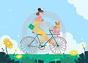 young woman riding bike with puppy dog going outing in spring flat vector illustration.