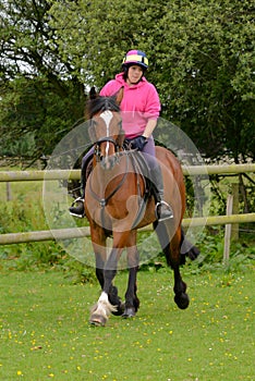 Young woman riding her horse in a field.