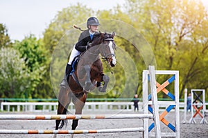 Young woman riding horseback jumping over the hurdle on showjumping course