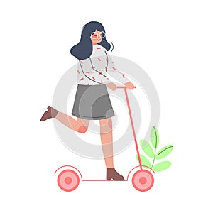 Young Woman Riding Kick Scooter, Girl Using Eco Friendly Transport Cartoon Style Vector Illustration