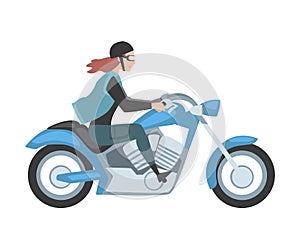 Young Woman Riding Motorcycle, Side View of Girl Biker Character in Casual Clothes and Helmet Driving Blue Chopper