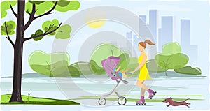 Young woman on roller skates with a baby in a stroller.Vector illustration cartoon clipart