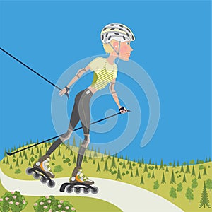 Young woman on roller skates on a background of mountains